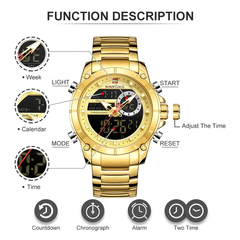 Relógio Masculino Original A Prova D'água Esportivo De Luxo Aço Inoxidável Duplo Display
